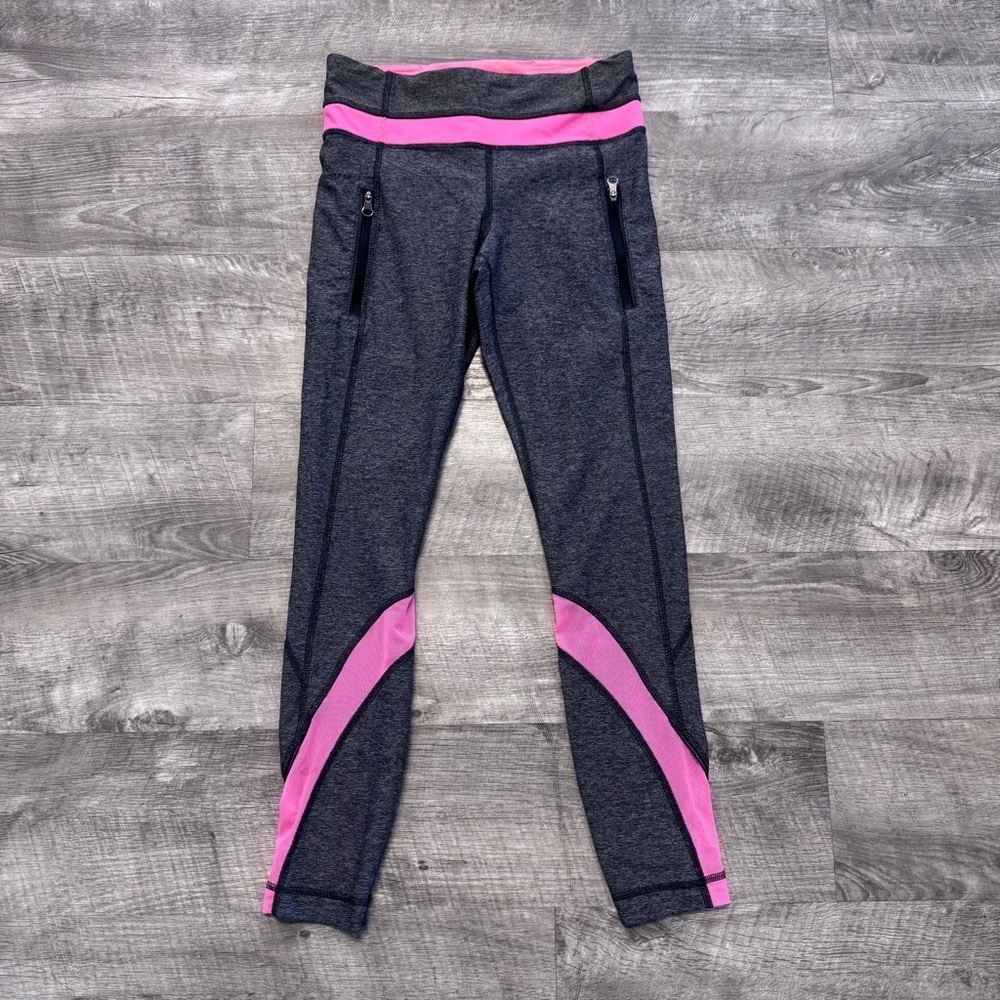 lululemon Inspire Tight II Deep Coal Grey Mesh Marled Grey with Pink Band Size 4